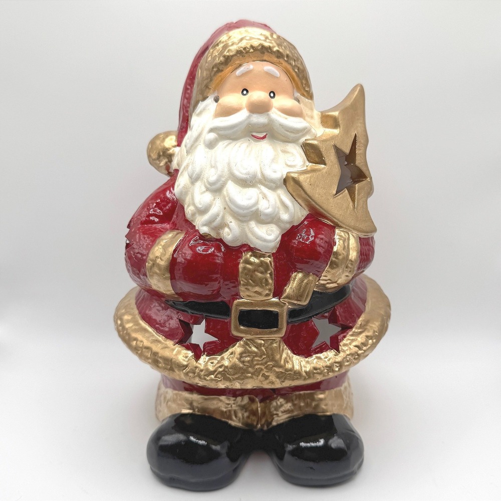 Vintage Santa Claus Ceramic Tealight Candle Holder Star Cutout Christmas Decor